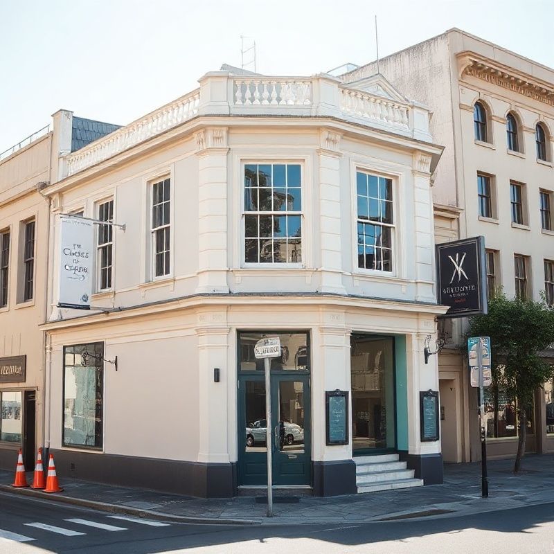Wellington heritage building on Courtenay Place with teal-accented signage in bright coastal daylight