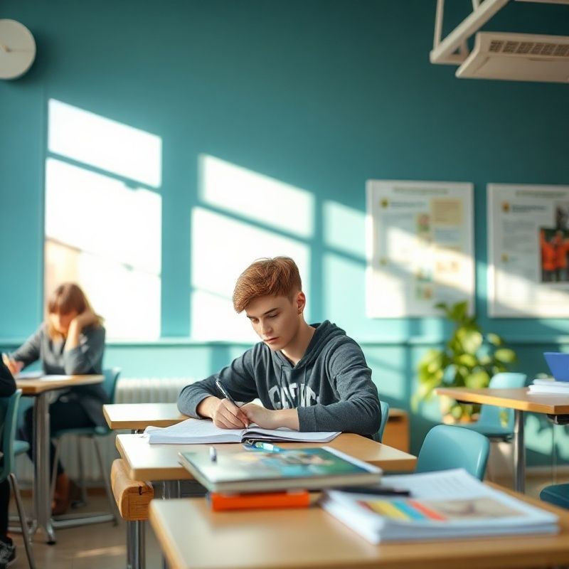 Student writing at a clean desk in a teal-accented Wellington classroom