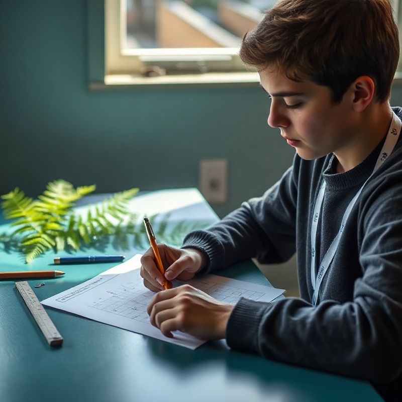 Student working through a mathematical proof on graph paper at a teal-accented desk